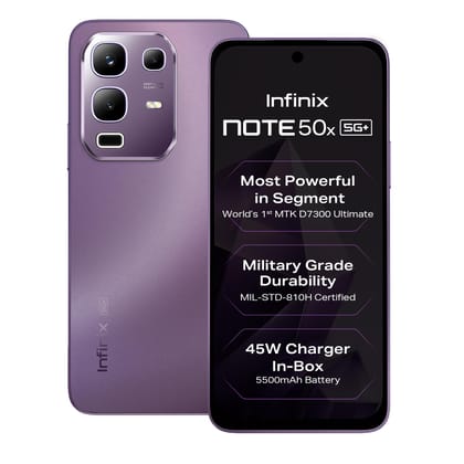 Infinix Note 50x 5G+ (Enchanted Purple, 6GB RAM, 128GB Storage) | MediaTek D7300 Ultimate | 90FPS BGMI Gaming | 5500mAH Battery with 45W FastCharge | 650K+ AnTuTu AI Infinix Note 50x 5G+ (Enchanted Purple, 6GB RAM, 128GB Storage) | MediaTek D7300 Ultimate | 90FPS BGMI Gaming | 5500mAH Battery with 45W FastCharge | 650K+ AnTuTu AI