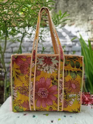 Handblock Printed Quilted Tote Bag with concealed zip ( 17x18x 6 inches)