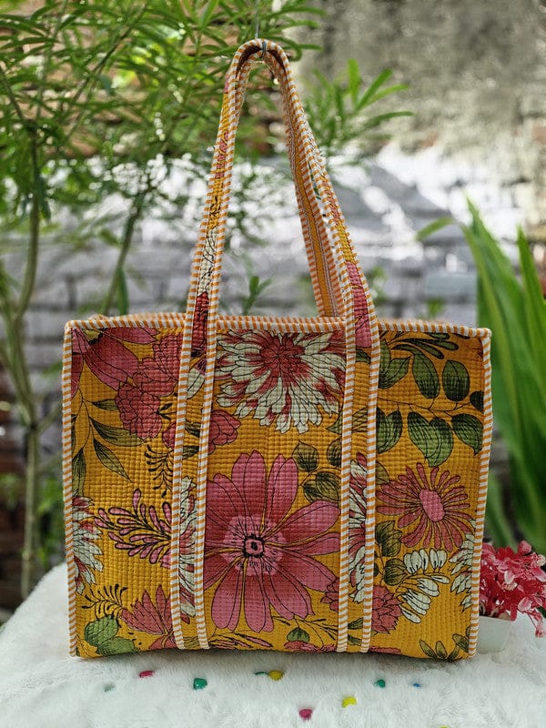 Handblock Printed Quilted Tote Bag with concealed zip ( 17x18x 6 inches)