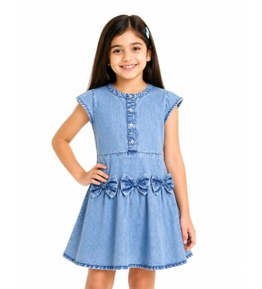 Girl's Denim Embellished Cap Sleeve Bow Dress (Light Blue, 3-4-Yrs)-PID66011