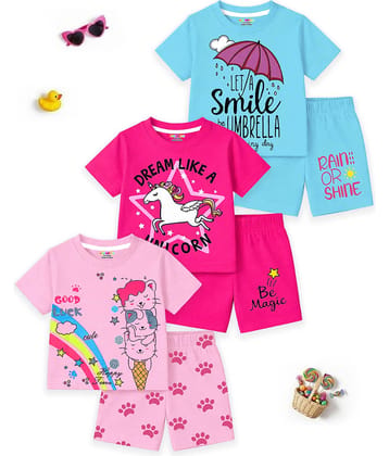 Kuchipoo Pack of 3 Girls Cotton Blend T-shirt & Shorts ( Multicolor 2 )
