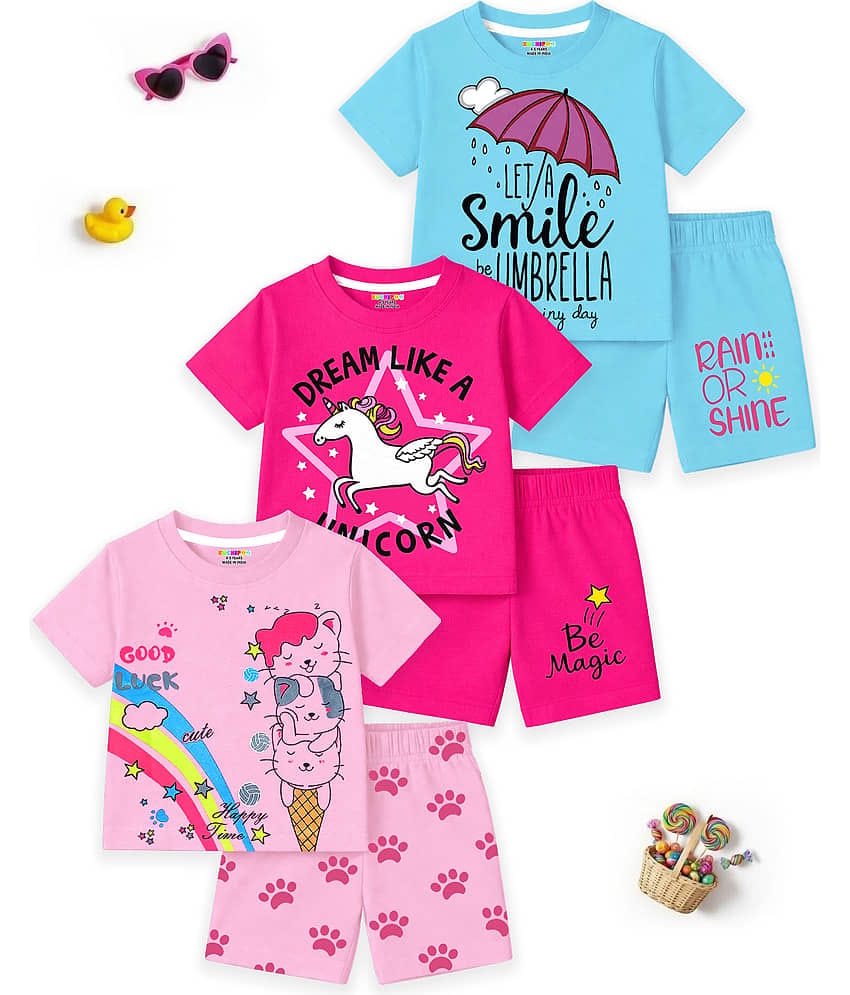 Kuchipoo Pack of 3 Girls Cotton Blend T-shirt & Shorts ( Multicolor 2 )