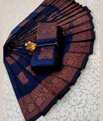 Vastukala Silk Woven Saree With Unstitched Blouse Piece ( Navy Blue )