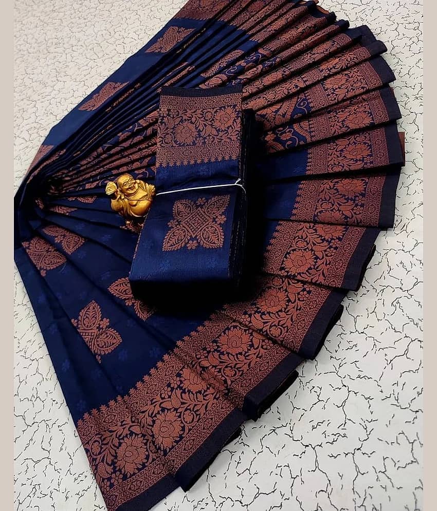 Vastukala Silk Woven Saree With Unstitched Blouse Piece ( Navy Blue )