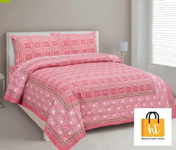 3001-Hometrade India-Standard King Size (90*108 Inches)-Buy Pure Cotton Jaipuri Printed Flat King Size Double Bedsheet With 2 Matching Pillow Cover