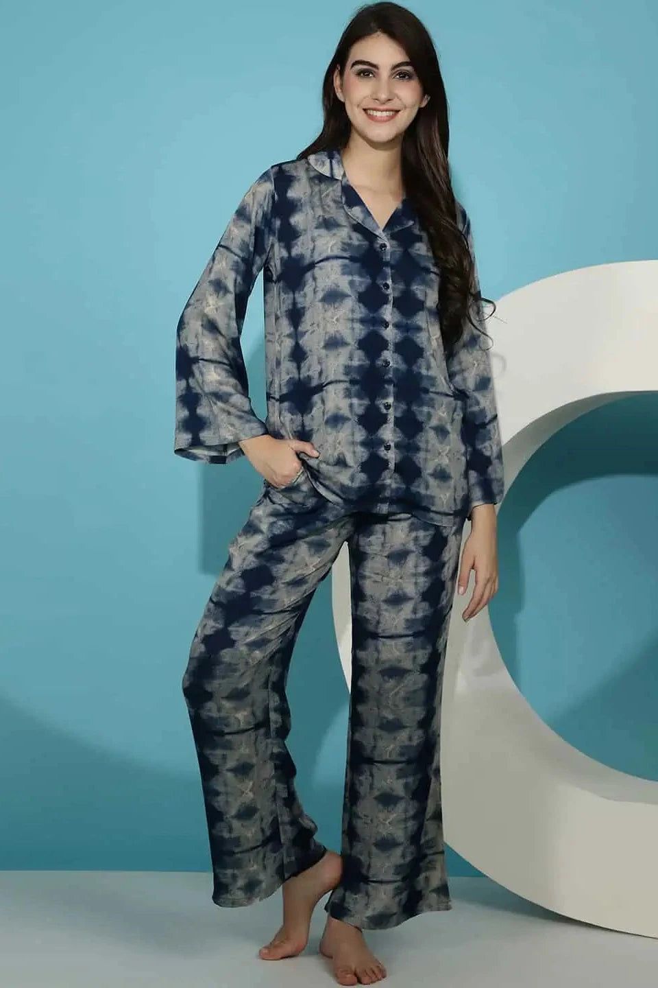 Blue Tie and Dye Printed Viscose Rayon Night Suit-s