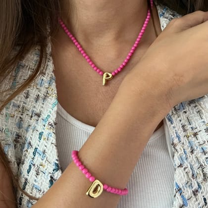 Set of 2- Barbie Pink Necklace and Bracelet with Initial (Newly Launched)-12 Inches / A