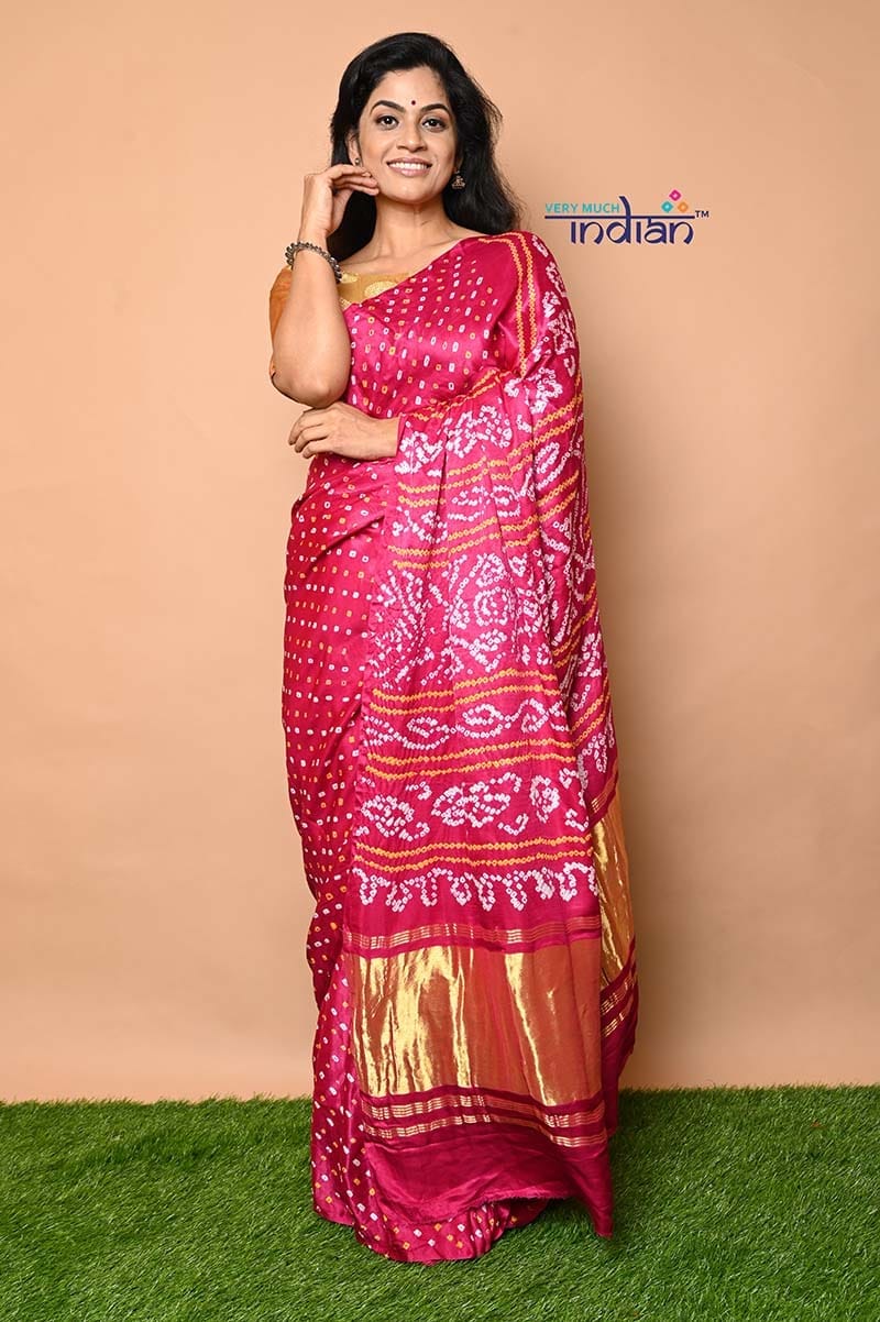 Pure Gajji Silk Handmade Pink &amp; Gold Bandhani Weave