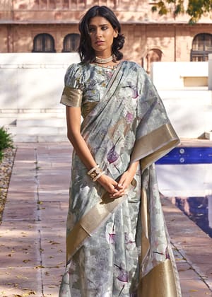 Dusty Grey Woven Banarasi Cotton Silk Saree With Digital Print