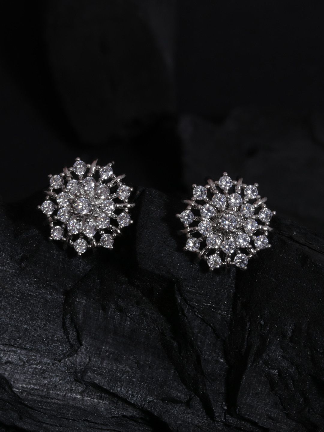 JustPeachy Silver-Plated & CZ Studded Floral Studs
