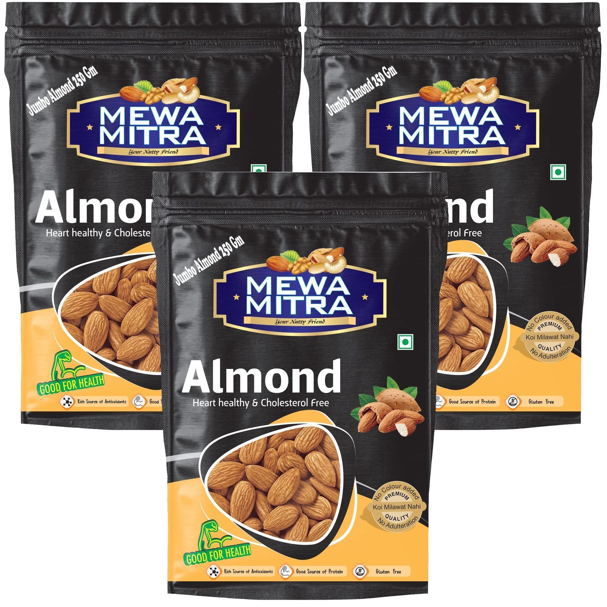 MewaMitra Jumbo Almonds 750g (Pack of 3 x 250g) | Premium Californian Badam Giri | Natural Raw Almonds | High Protein & Fiber Rich Dry Fruits
