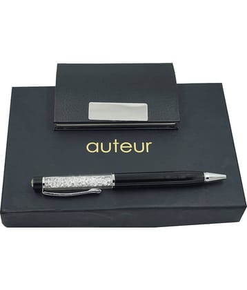 auteur 2in1 Corporate Gift Set Crystal Diamond Black (Blue Ink) Ball Pen With Premium RFID safe Black Pu Leather Card Wallet Magnetic Clouser Ideal for Every Gifting Occasion| Gift For Men|Women|Boss|Friends|Birthday|Anniversary(VCH58)