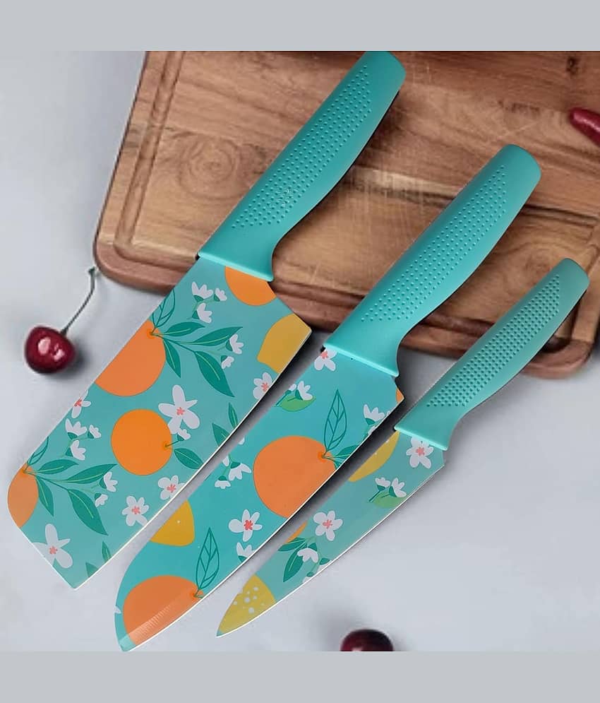KRAMOX Kitchen Knife for Cooking, Cutting, Slicing, Kitchen Knives Set, Stainless Steel 3 Pieces Professional Knife Set with Color Coating and Non-Slip Handle Chef Knife Set (Sky Blue)