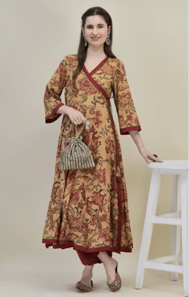 Hand Block Printed Beige Cotton Angrakha Suit Set Hand Block Printed Beige Cotton Angrakha Suit Set