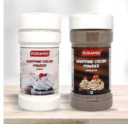 Puramio Whipping Cream Powder- Vanilla & Chocolate, 125 gm Each - Pack of 2