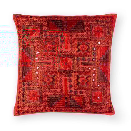 Mirrorwork Cushion Cover - 16x16-16inches x 16inches / 40cms x 40cms / Red / Marroon / Cotton
