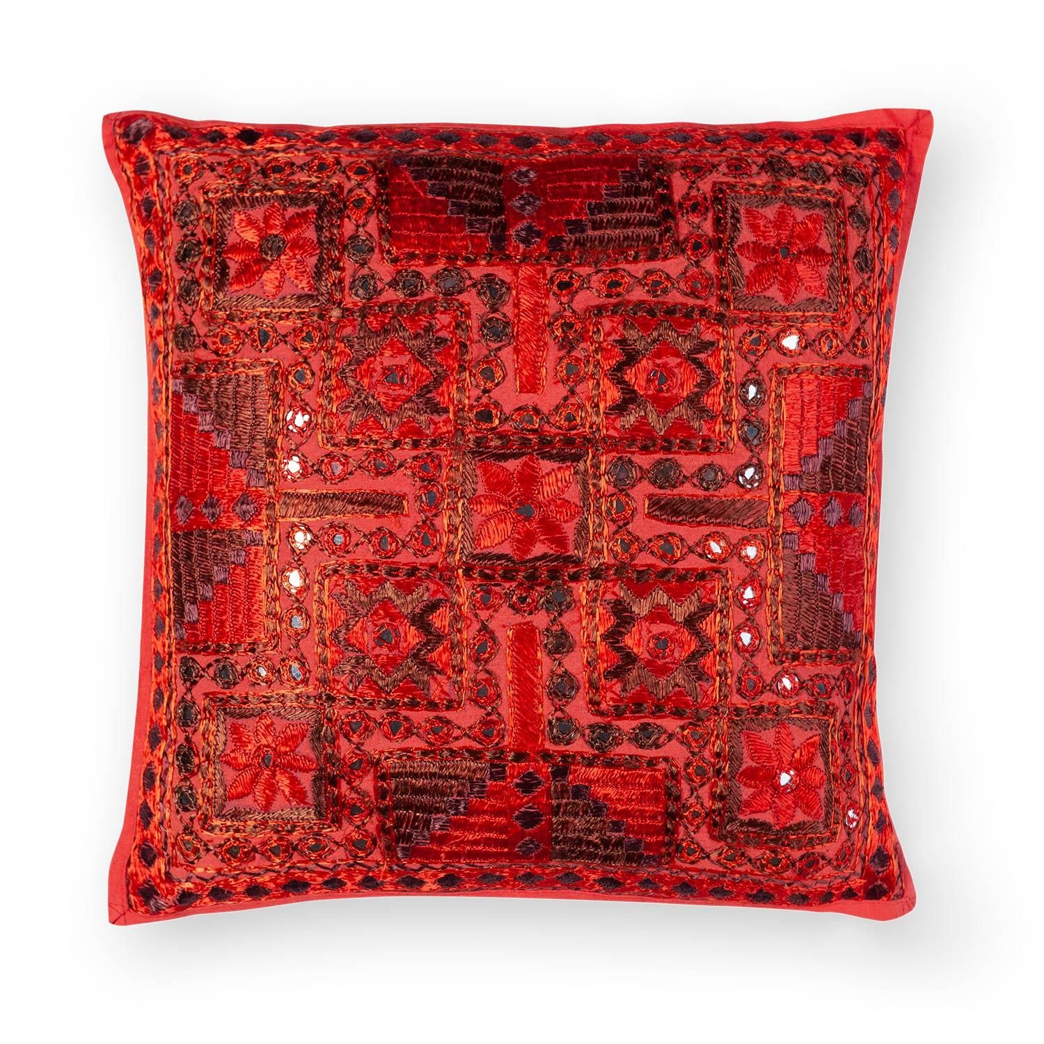 Mirrorwork Cushion Cover - 16x16-16inches x 16inches / 40cms x 40cms / Red / Marroon / Cotton
