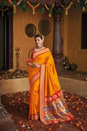 Orange Pure Paithani Silk Woven Designer Saree