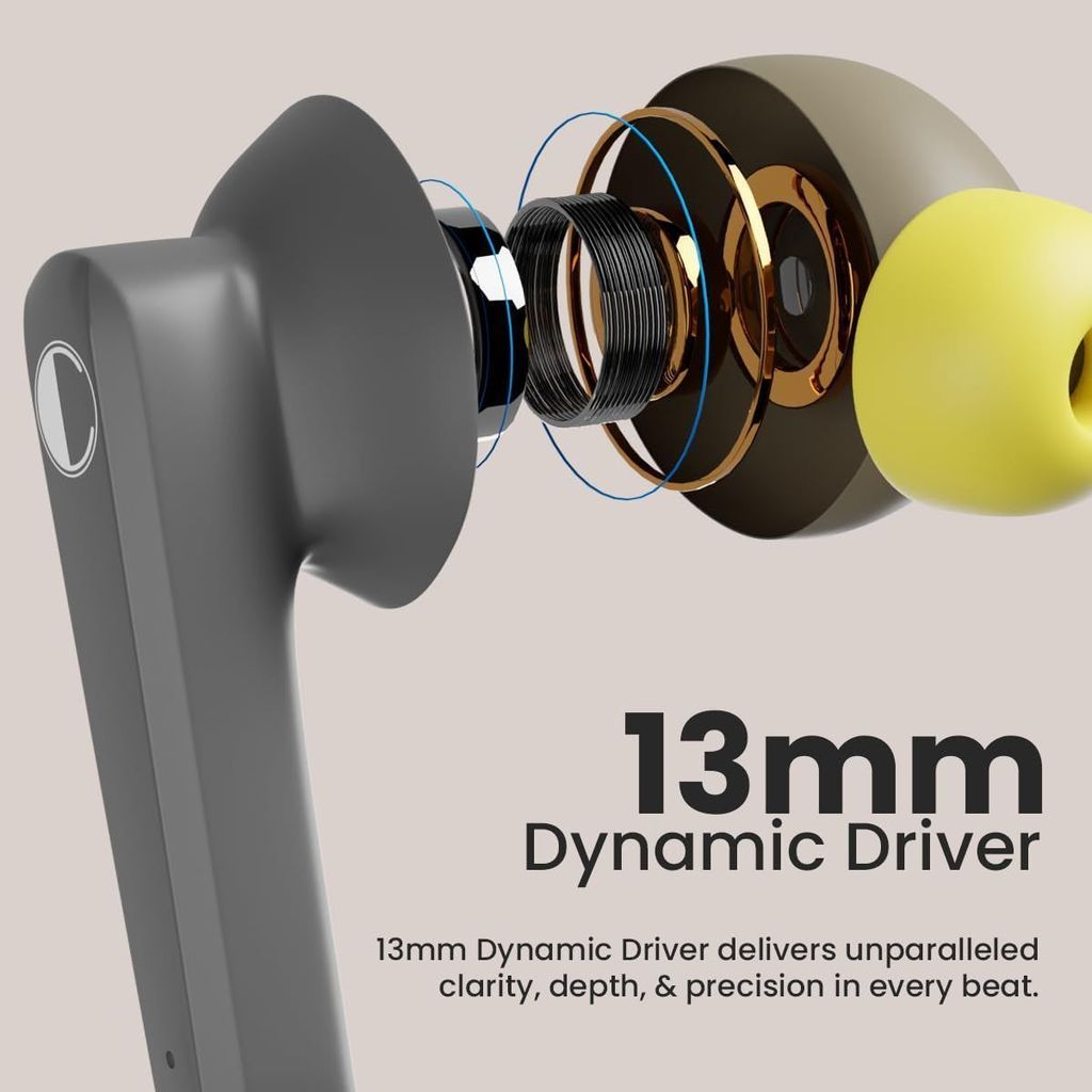 CELLECOR BroPods CB03-ACE TWS with 40 Hours Playtime, Automatic Pairing, HD Sound and 5.1V Bluetooth (Grey-Yellow)