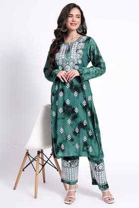 The Chikankari Story Embroidered Rayon Tie-Dyed Chikankari Green Kurti plazzo set having bollywood 3D Embroidery.-S