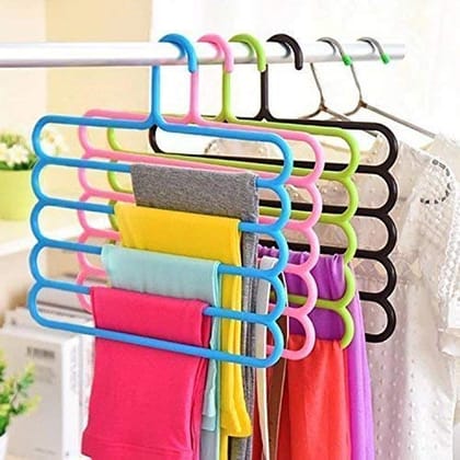 Generic Plastic 5 Layer Multipurpose Clothes Hanger, Set of 5 Multipurpose Storage Organizer Non-Slip Plastic 5 Layers Hanger for Clothes (Brown) - Set of 5