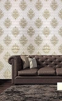 Eurotex Damask Design Wallpaper Roll for Covering Living Room, Bedroom Walls (PVC, 21inch x 33ft, Roll 57sqft, Beige)
