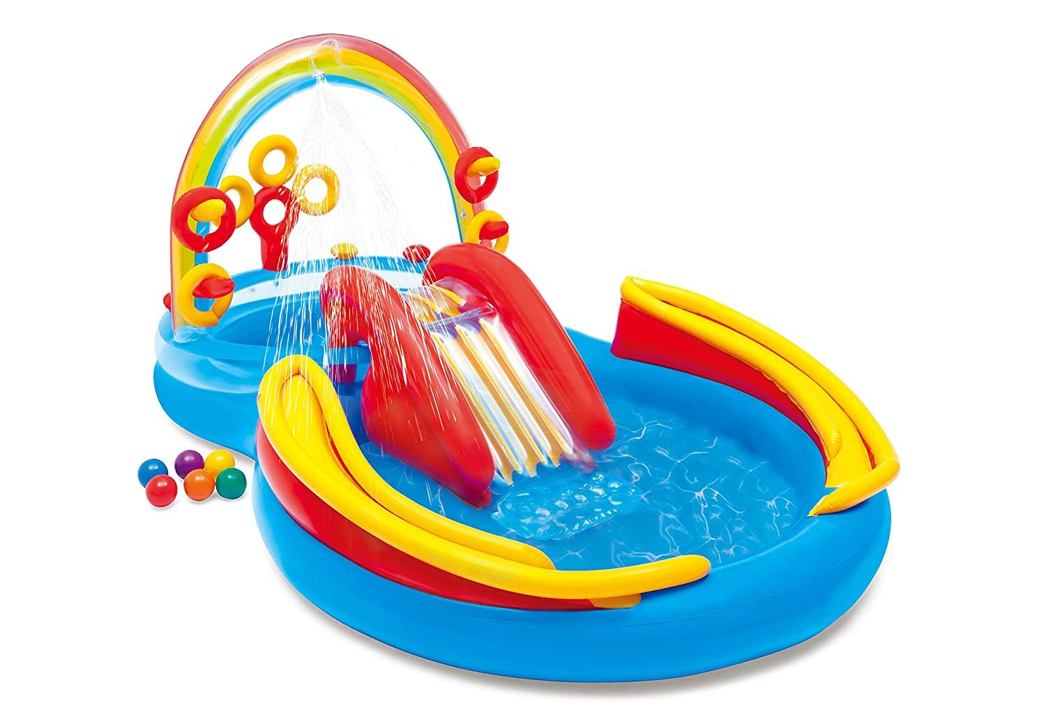 Intex Multicolored Inflatable Rainbow Ring Water Play Centre with Slide for Kids aged 2+ | 200ltr Water Capacity