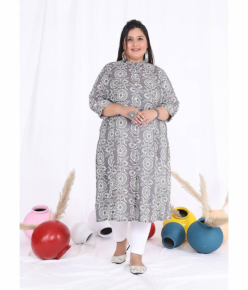 Label Flavia Women Cotton Printed Straight Kurti ( Grey )