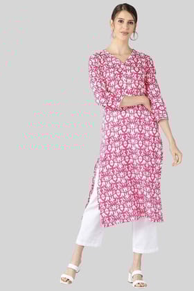 Women Pink & White Screen Printed Straight Kurta VCK1637