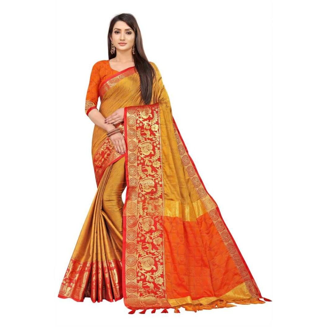 Generic Women's Cotton Silk  Saree with Blouse (Orange, 5 - 6 Mtrs)