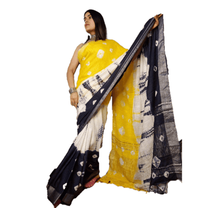 TheHangr Women's Beautiful Linen Cotton Floral Design Saree With Blouse Piece -  White-Black-Yellow