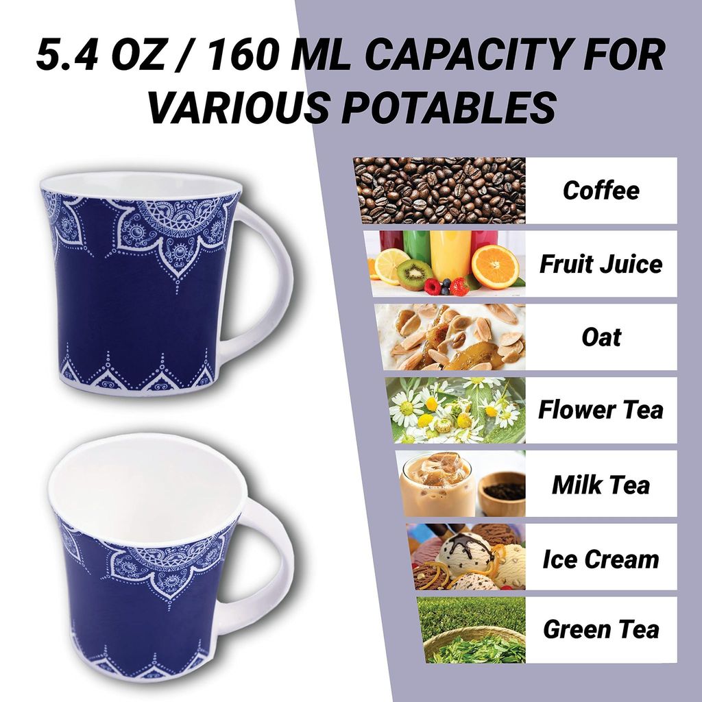 Femora Cosmic Mehendi Tea Cups, Ceramic Tea Cups, Coffee Mugs (160 ml) - 6 Pcs Set (Blue)