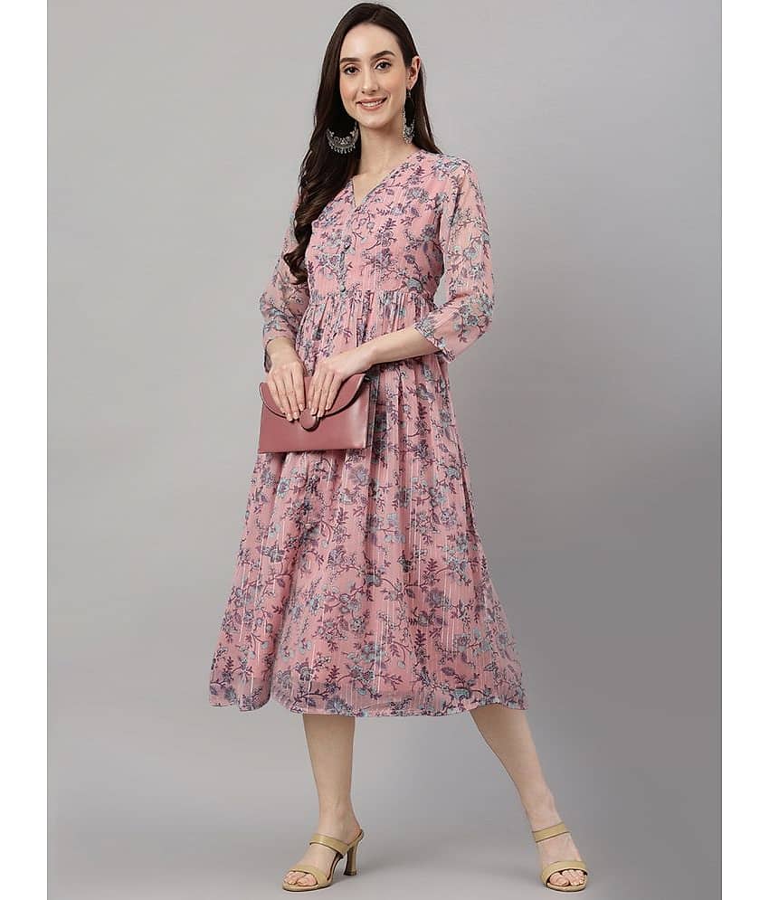 Janasya Women Chiffon Printed Fit & Flare Dress ( Pink )