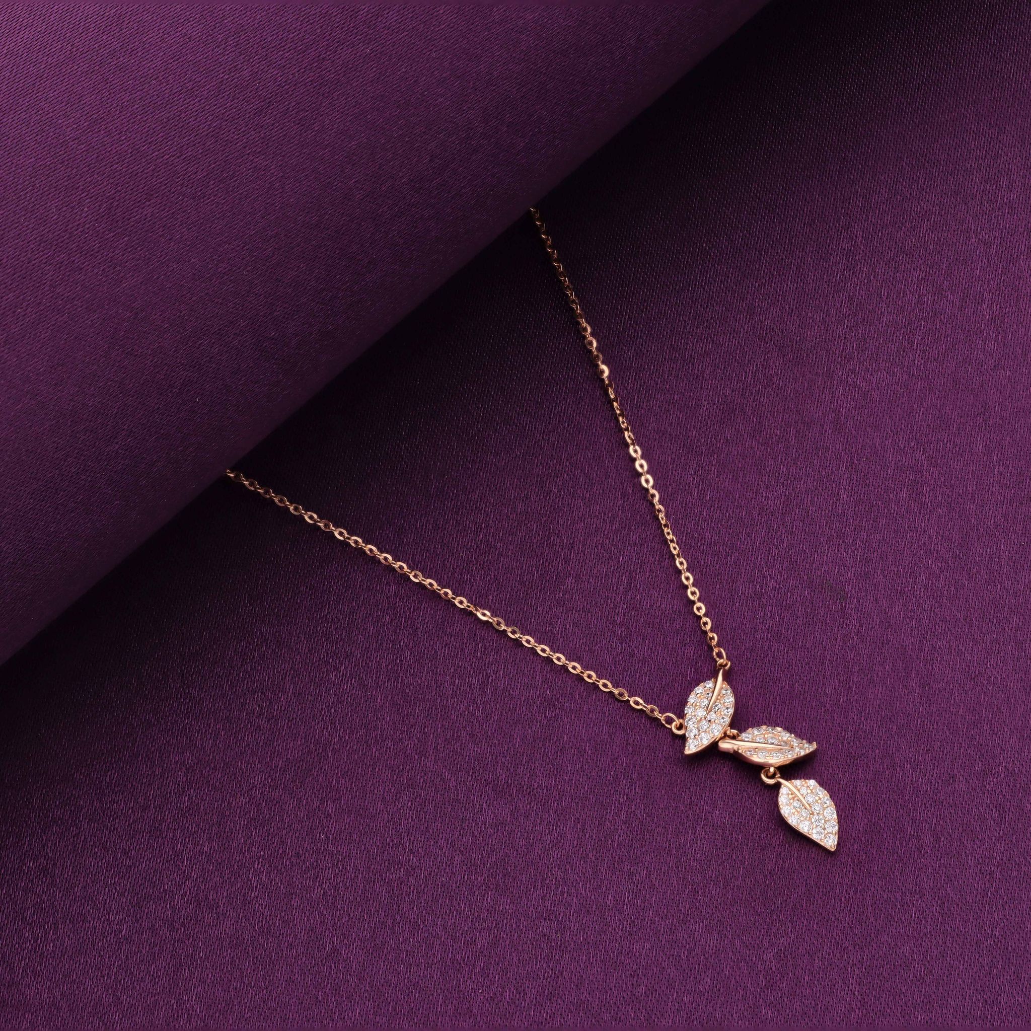 Strand Of Rose Gold Leaves Casual Silver Necklace-White Stone / Rose Gold