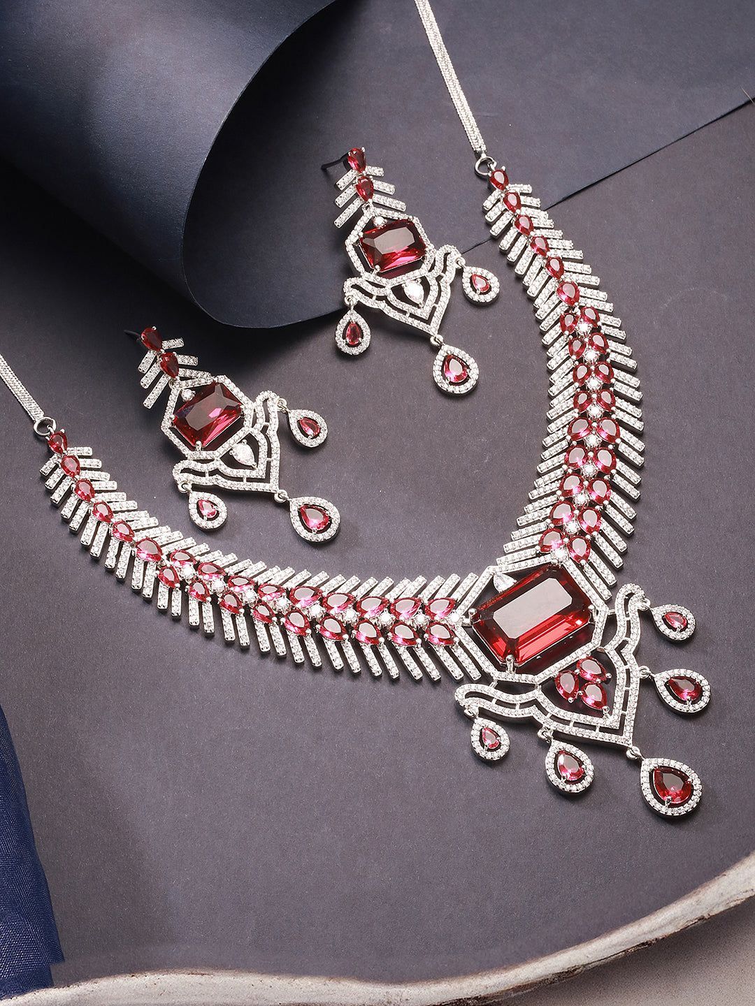 Silver Plated Ruby  Red  AD Studded  Statement Royal  Necklace Jewellery Set