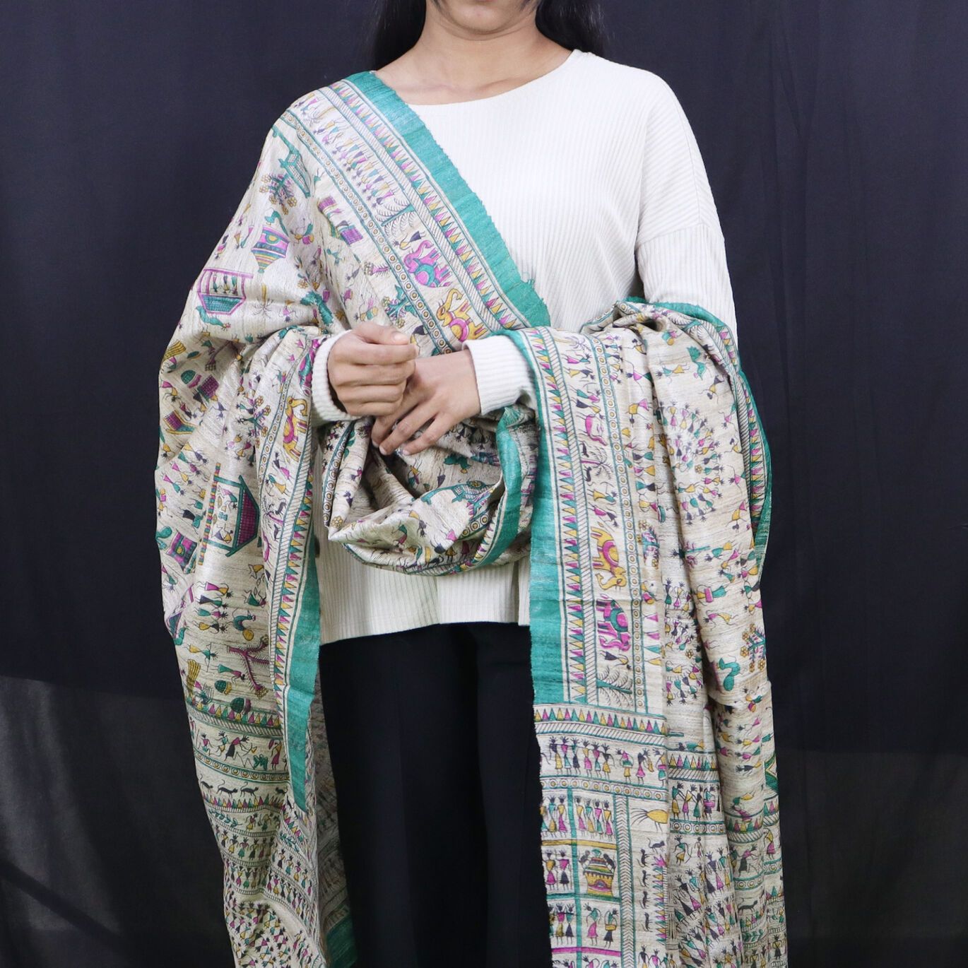 Tribal Design Multi Color Tussar Silk Dupatta