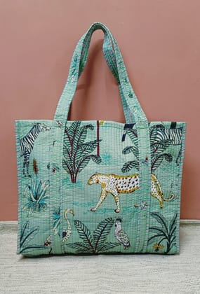 Handblock Printed Quilted Tote Bag without zip/button 17x18x 6 inches