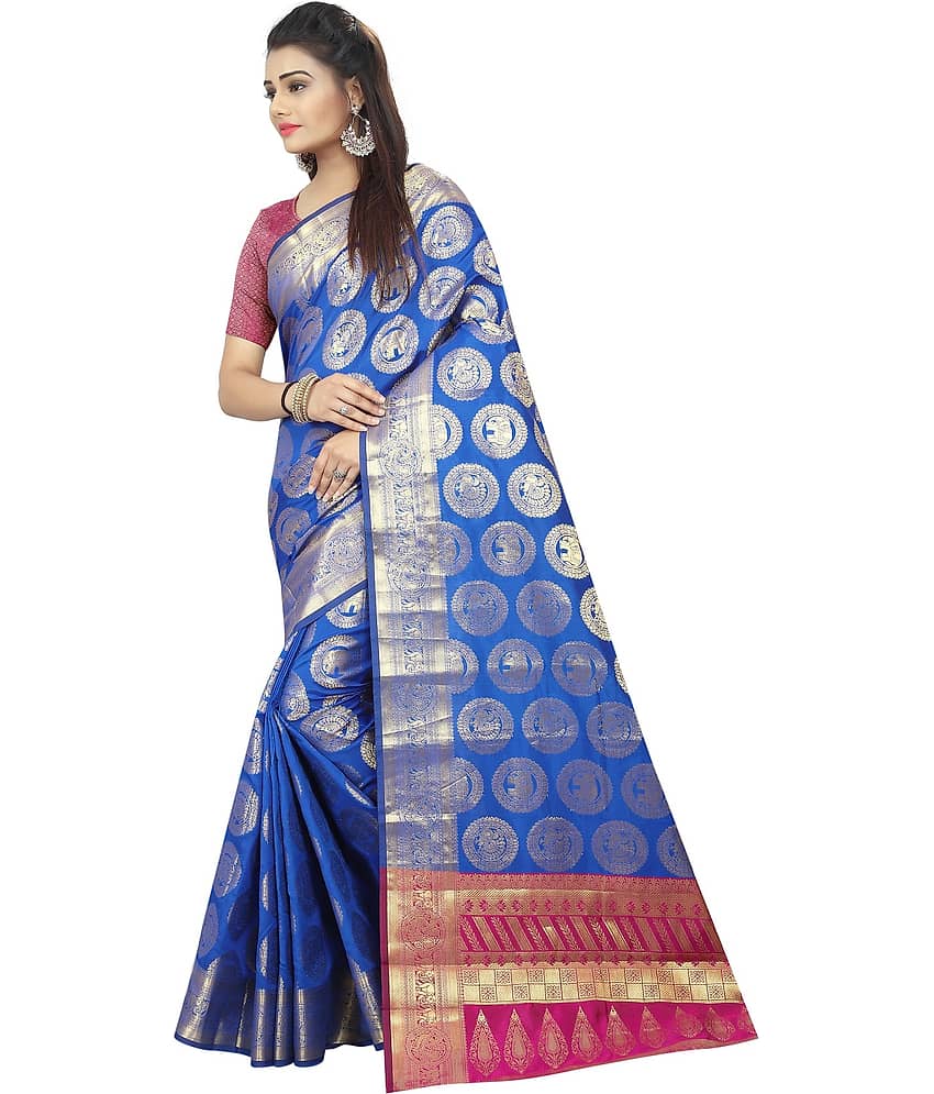 Gazal Fashions Banarasi Silk Saree With Unstitched Blouse Piece ( Blue )