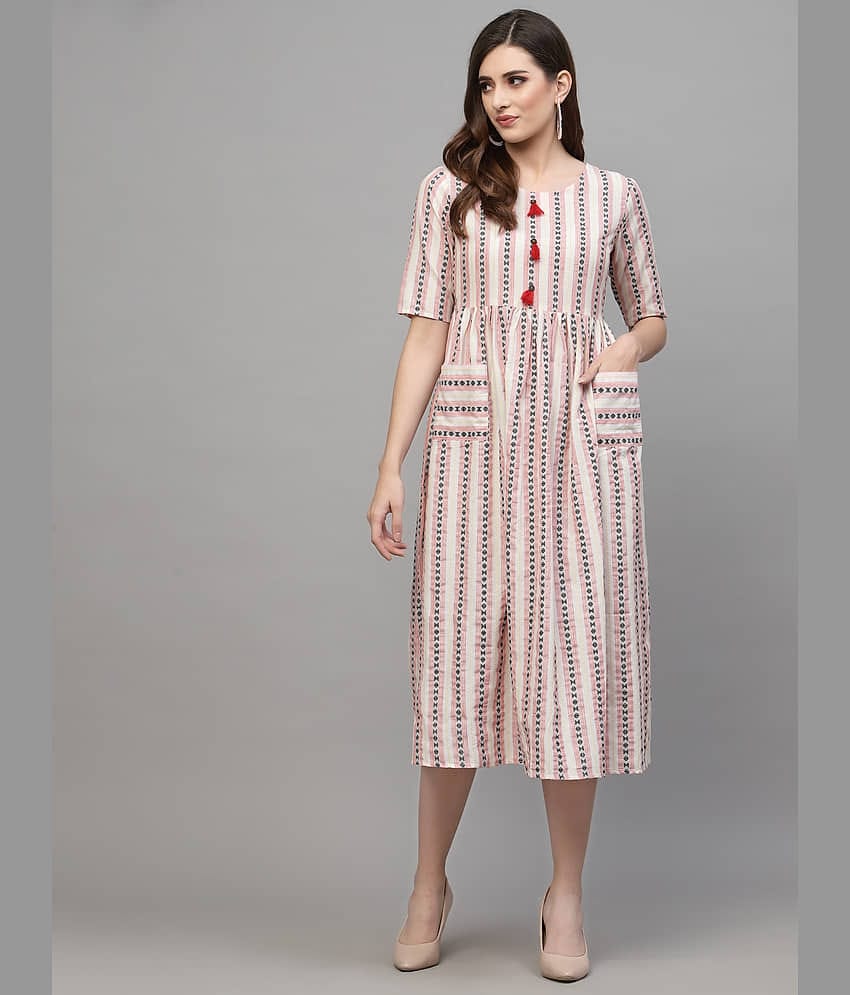 Stylum Cotton Blend Striped Midi Women's Fit & Flare Dress - Off White ( Pack of 1 )