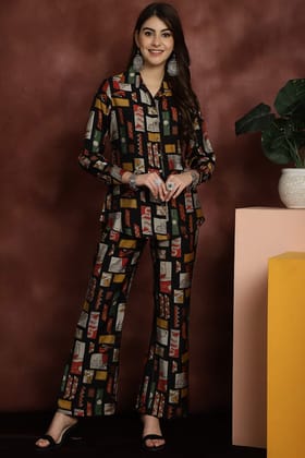 Black Printed Shirt with Trousers Co-Ord Set for Women | S-3XL | Claura-S