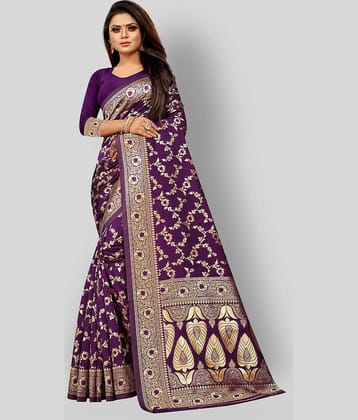 Gazal Fashions Banarasi Silk Printed Saree With Unstitched Blouse Piece ( Purple )