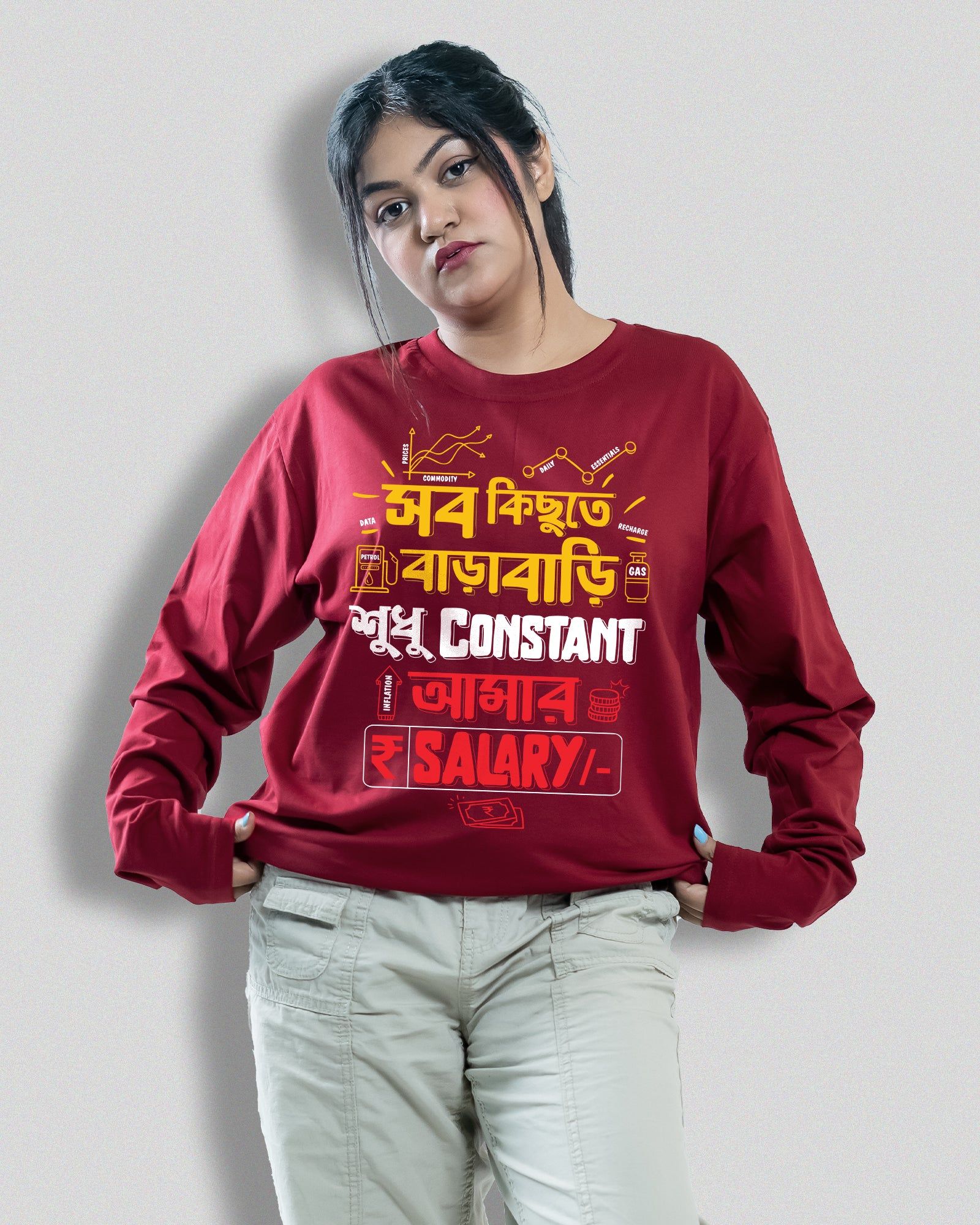 Barabari | Bong Full sleeve T-shirt | Maroon-navy / Small