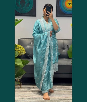 Trijal Fab Women Silk Blend Embroidered Straight Kurti With Pants ( Aqua Blue )