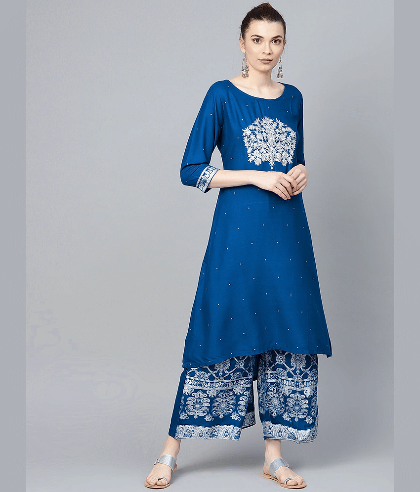 Ishin Rayon Embroidered Ethnic Top With Pants Women's Stitched Salwar Suit - Blue ( Pack of 1 )