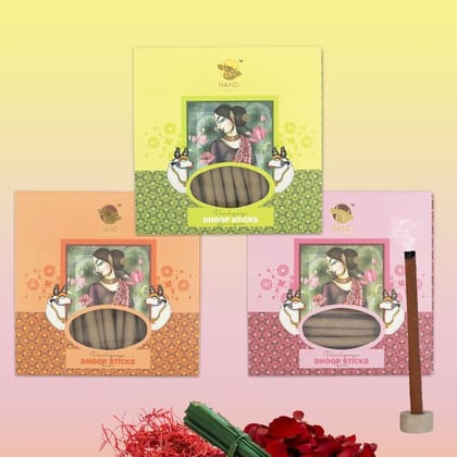 Nandi Panchgavya 100 Percent Cow Dung Dhoop Sticks for Pooja with Stand (Kesar, Lemongrass, Rose Fragrance - Pack of 3,150 Sticks)