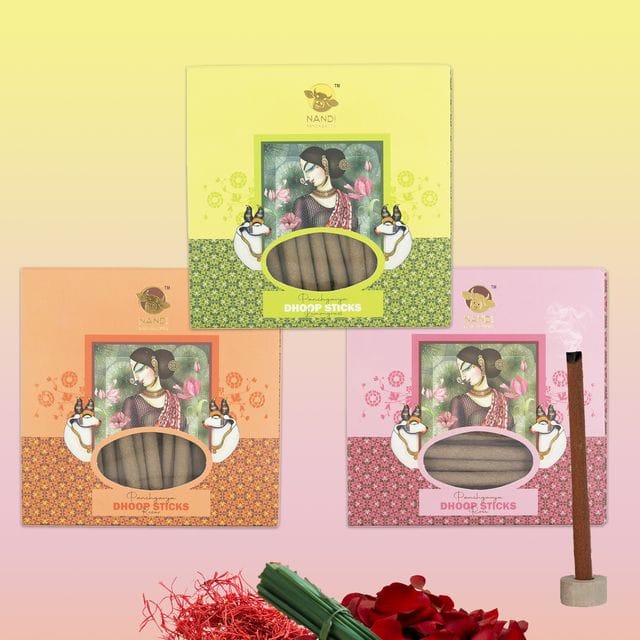 Nandi Panchgavya 100 Percent Cow Dung Dhoop Sticks for Pooja with Stand (Kesar, Lemongrass, Rose Fragrance - Pack of 3,150 Sticks)