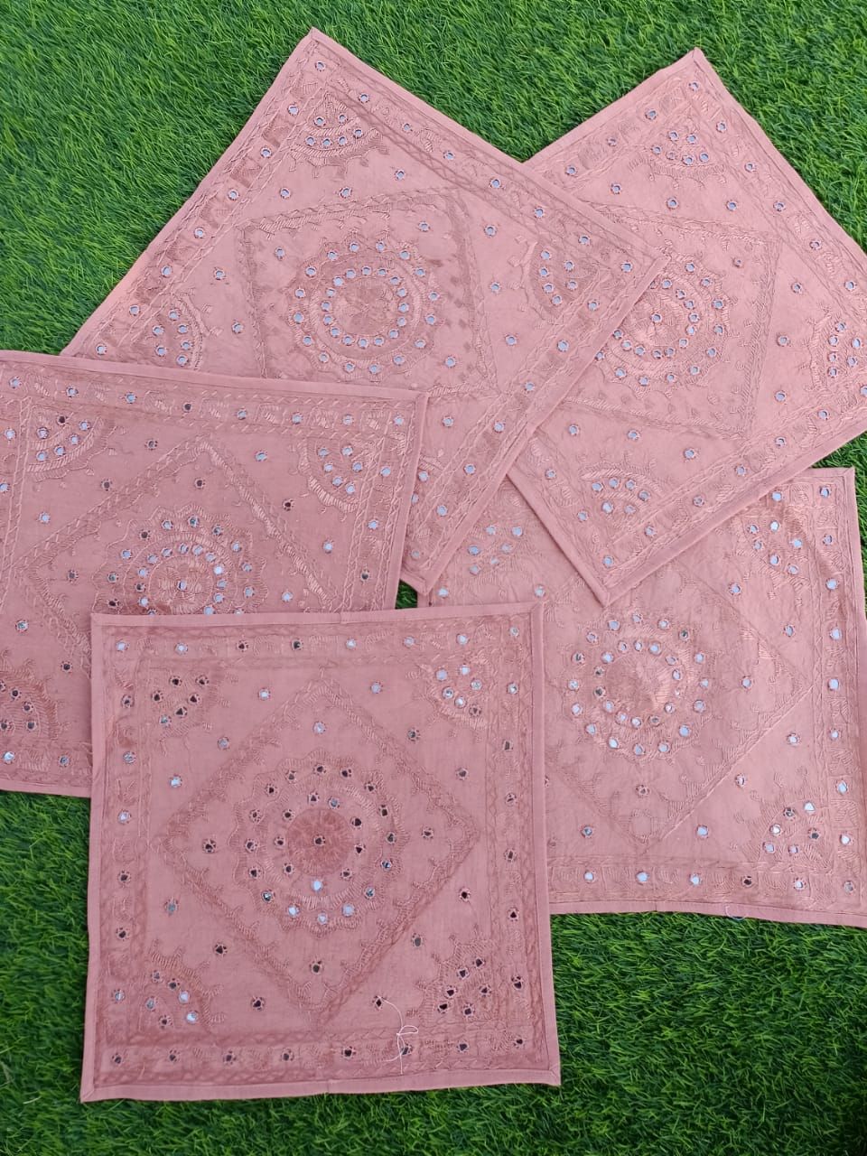 Khamma Ghani Decorative Cotton Pink Cushion Covers Mirror Work-Set of 2