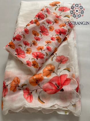New Cotton Linen Fabric Print With Embroidery Arco Border Work Fancy Designer Saree With Blouse-White