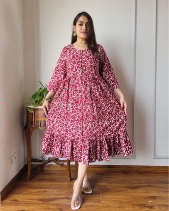Nazakat Cotton Blocprinted Maroon Long Dress-S (36)