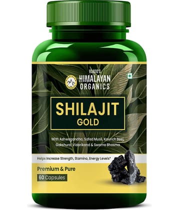 Himalayan Organics Pure Shilajit 24 carat Gold with Ashwagandha, Safed musli, Kaunch beej , Gokshura Swarna & Rajat Bhasma +10 more Ayurvedic herbs - -Boost Stamina, Strenght, Energy Power, Build Muscle Mass - 60 Veg Capsules